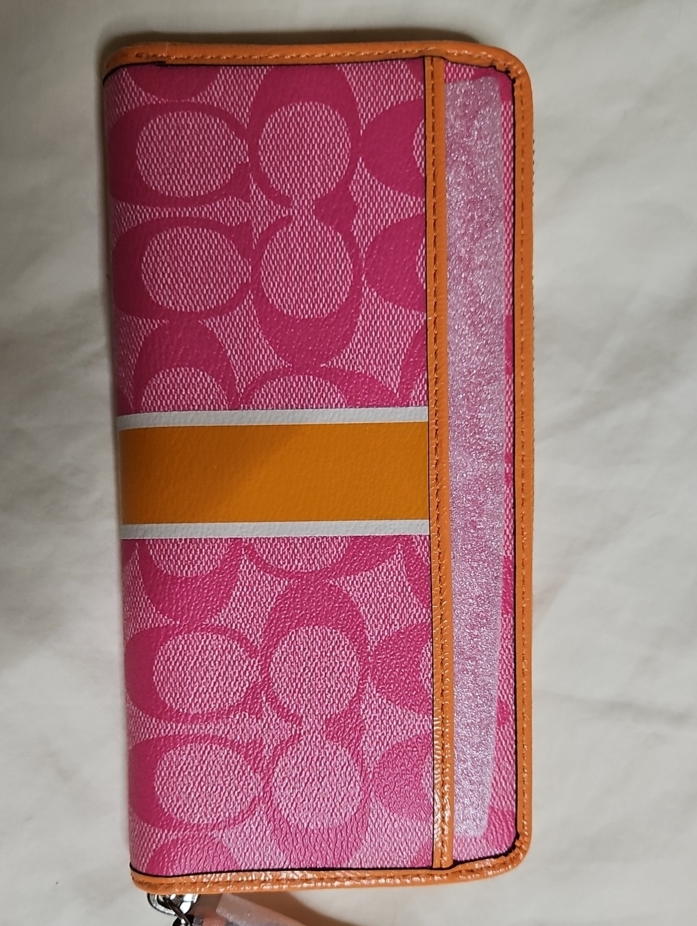 Coach Pink Signature Zip Wallet with Orange Trim - Picture 2 of 6